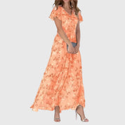 Aurienne Bellefort | Peach Floral Maxi Dress with Flutter Sleeves