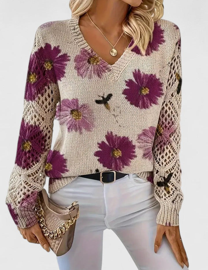 Rosalinde Fonteclair | Floral Knit V-Neck Sweater with Lace Sleeves