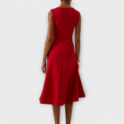 Celestine Beauvray | Red Sleeveless Asymmetric Draped Midi Dress