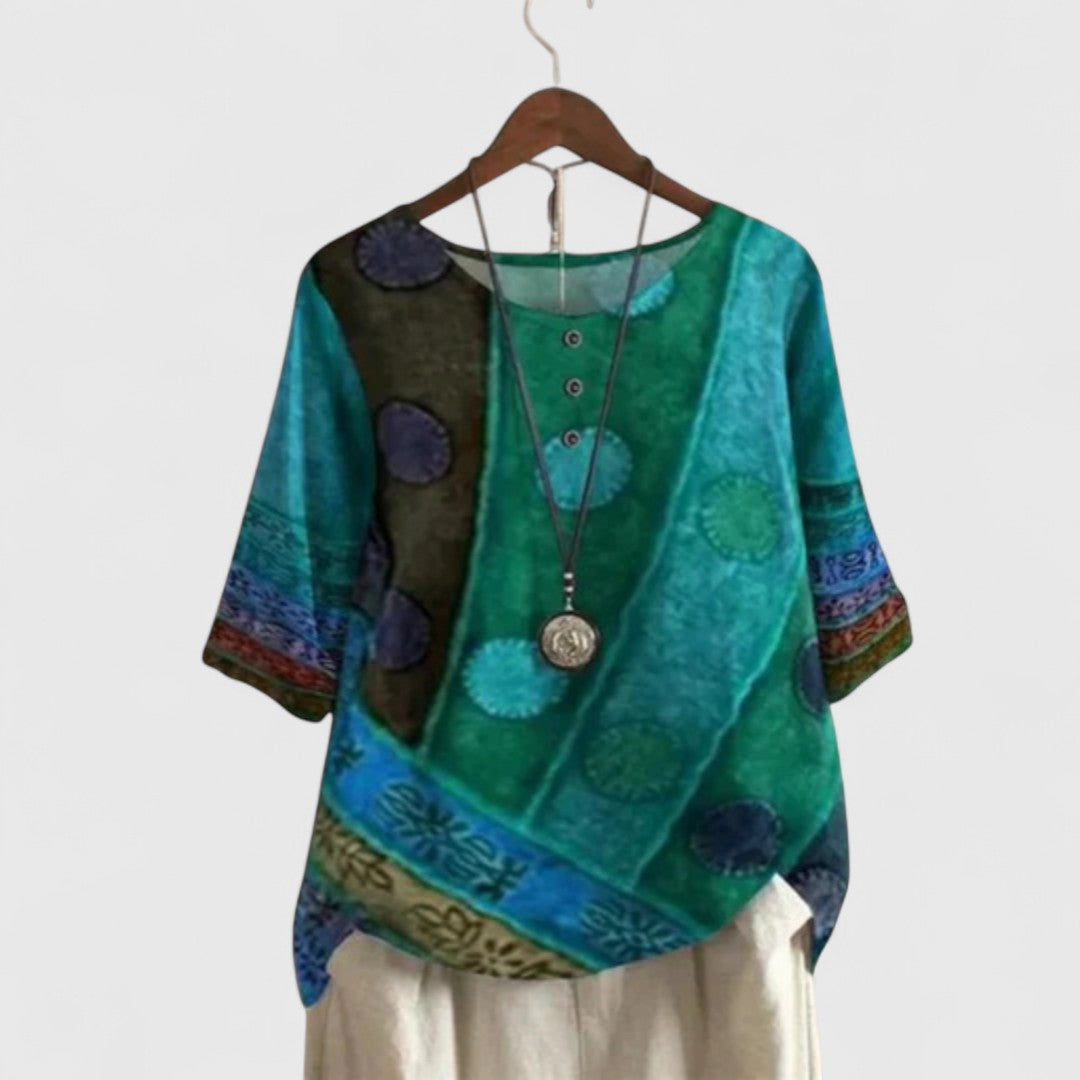 Rosalind Devereaux | Bohemian Patchwork Print Short-Sleeve Top