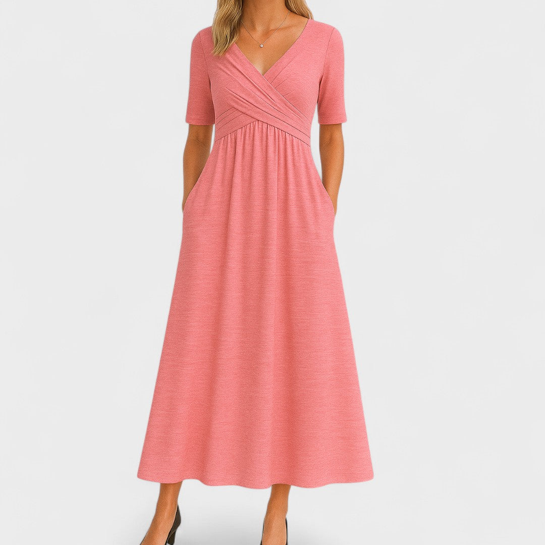 Francine Delvaux | Grey V-Neck Midi Dress with Pockets