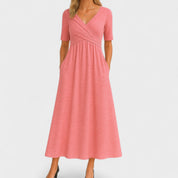 Francine Delvaux | Grey V-Neck Midi Dress with Pockets