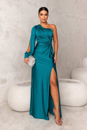Seraphelle Montverde | Olive Green One-Shoulder Satin Maxi Dress