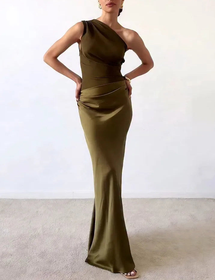 Arabella Wyndmere | Brown One-Shoulder Pleated Satin Maxi Dress