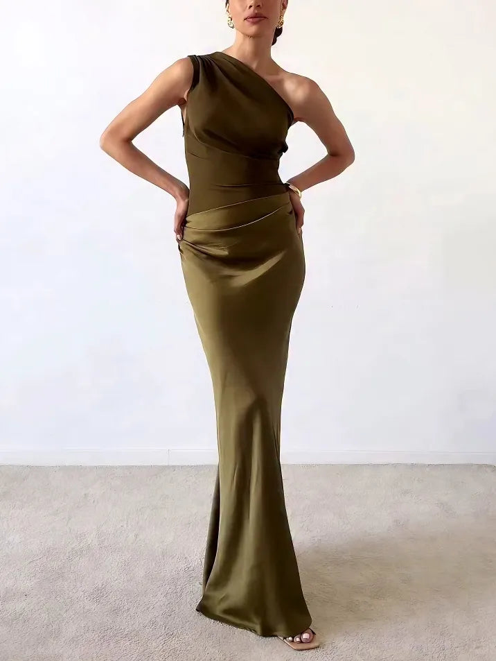 Arabella Wyndmere | Brown One-Shoulder Pleated Satin Maxi Dress