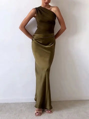 Arabella Wyndmere | Brown One-Shoulder Pleated Satin Maxi Dress