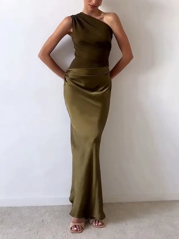 Arabella Wyndmere | Brown One-Shoulder Pleated Satin Maxi Dress