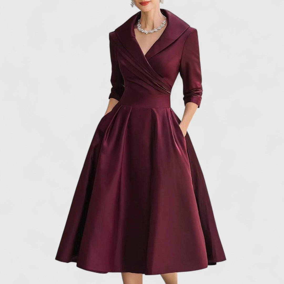 Margolaine Sinclair | Navy Blue A-Line Satin Midi Dress with 3/4 Sleeves