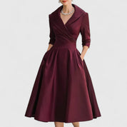 Margolaine Sinclair | Navy Blue A-Line Satin Midi Dress with 3/4 Sleeves
