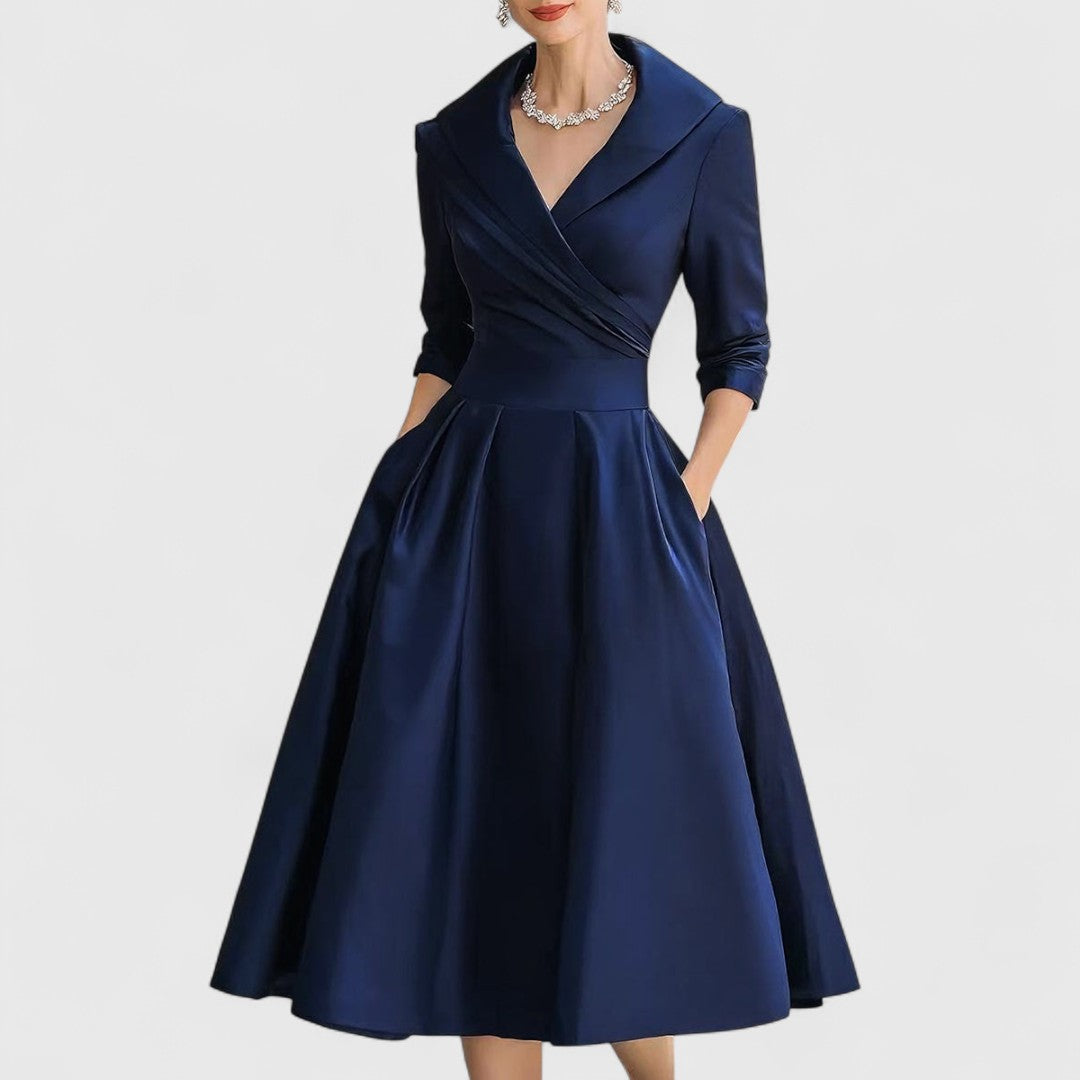 Margolaine Sinclair | Navy Blue A-Line Satin Midi Dress with 3/4 Sleeves