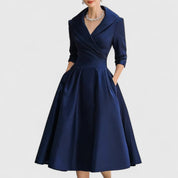 Margolaine Sinclair | Navy Blue A-Line Satin Midi Dress with 3/4 Sleeves