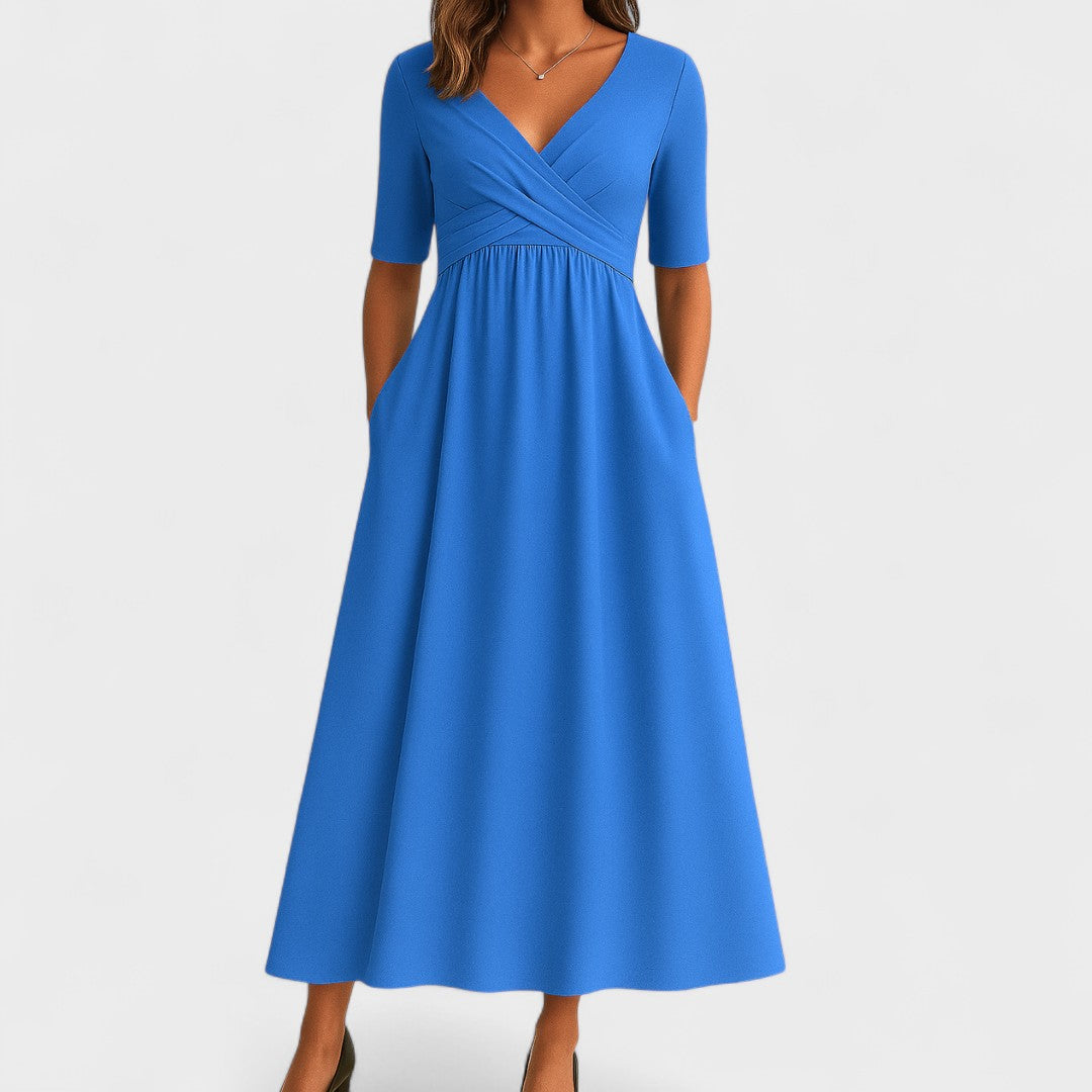 Francine Delvaux | Grey V-Neck Midi Dress with Pockets