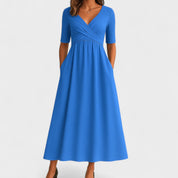 Francine Delvaux | Grey V-Neck Midi Dress with Pockets