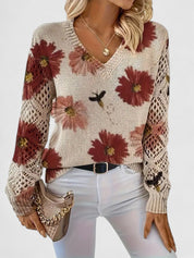 Rosalinde Fonteclair | Floral Knit V-Neck Sweater with Lace Sleeves