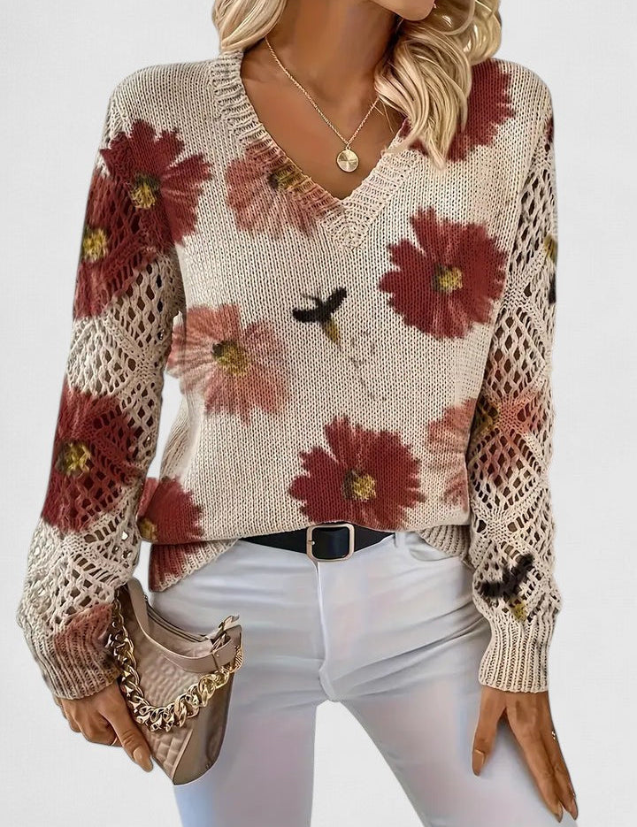 Rosalinde Fonteclair | Floral Knit V-Neck Sweater with Lace Sleeves