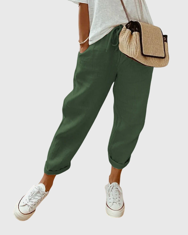 Céleste Duranville | High Waist Linen Drawstring Pants in Beige
