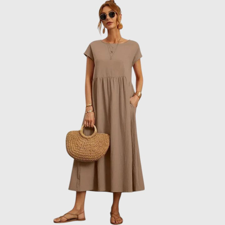 Théodeline Whitmore | Navy Blue Cap Sleeve Midi Dress with Pockets