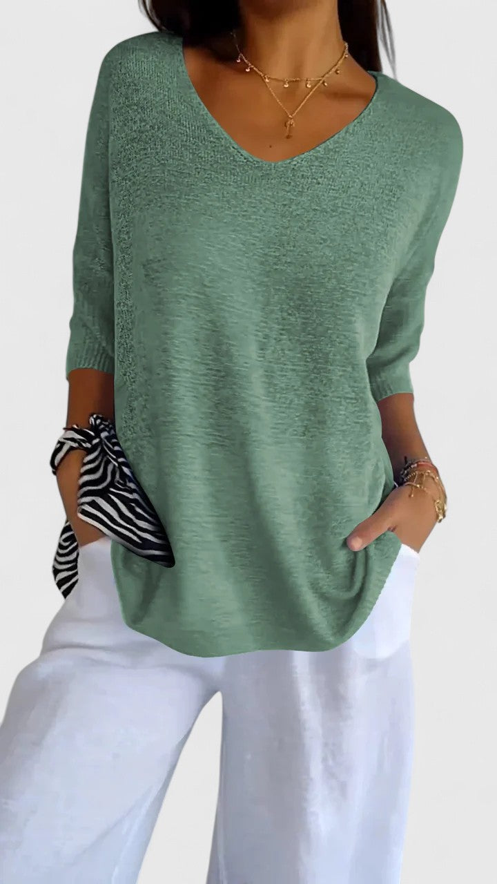 Nicolette Ashbourne | Sage Green V-Neck Knit Sweater Top