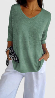Nicolette Ashbourne | Sage Green V-Neck Knit Sweater Top