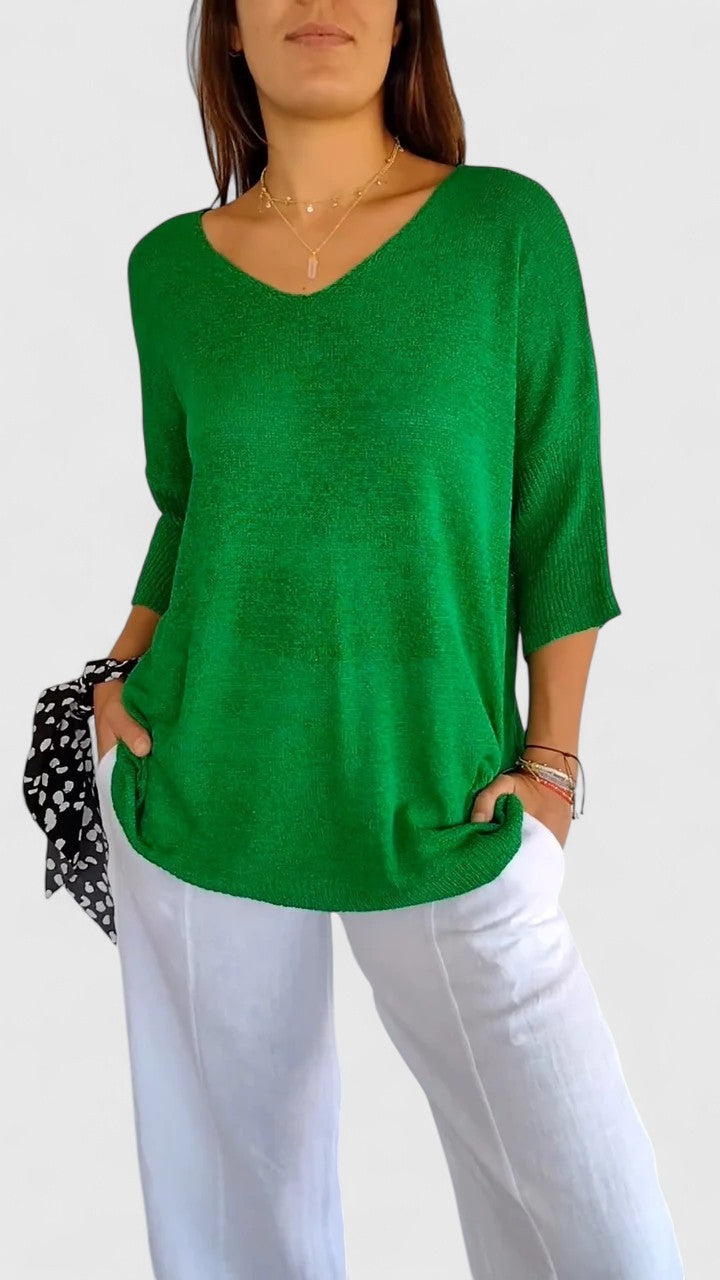 Nicolette Ashbourne | Sage Green V-Neck Knit Sweater Top