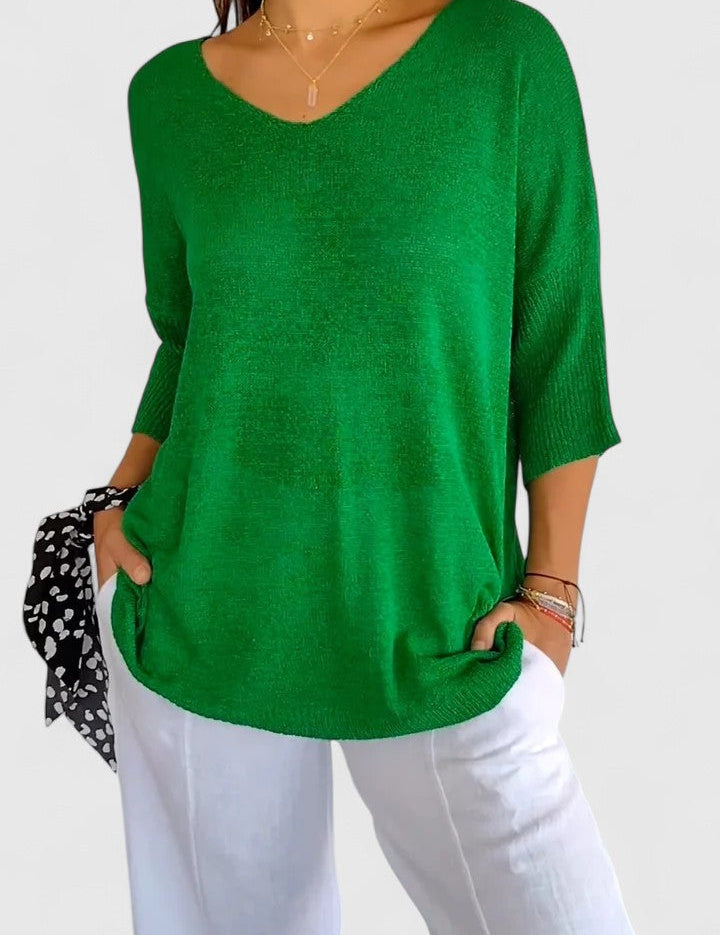 Nicolette Ashbourne | Sage Green V-Neck Knit Sweater Top