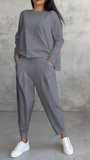 Elaine Beauvoisin | Cream Two-Piece Lounge Set Long Sleeve Top & Pants