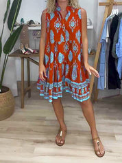 Seraphine Caldwell | Boho Print Mustard Sleeveless Tiered Mini Dress