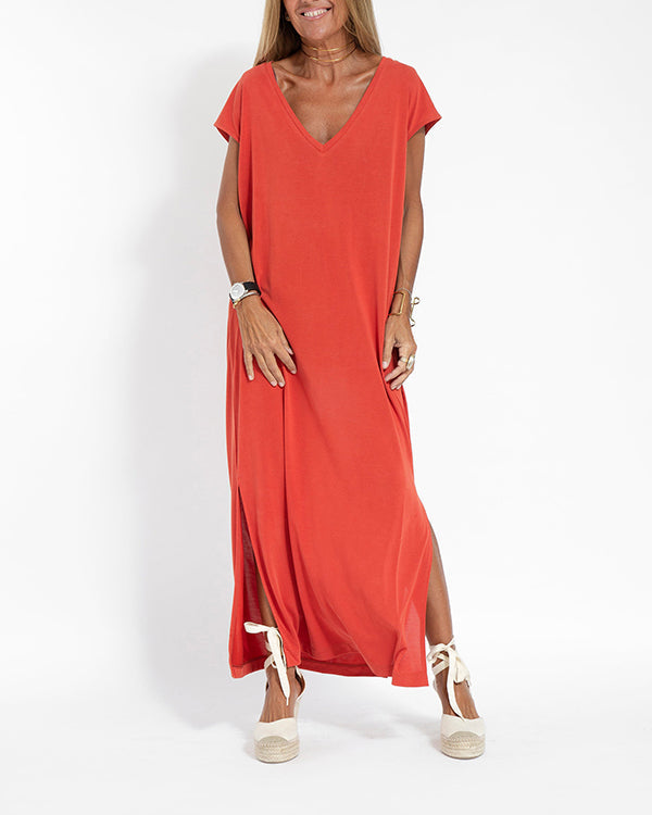 Seraphine Caldwell | Coral V-Neck Side Slit Maxi Dress