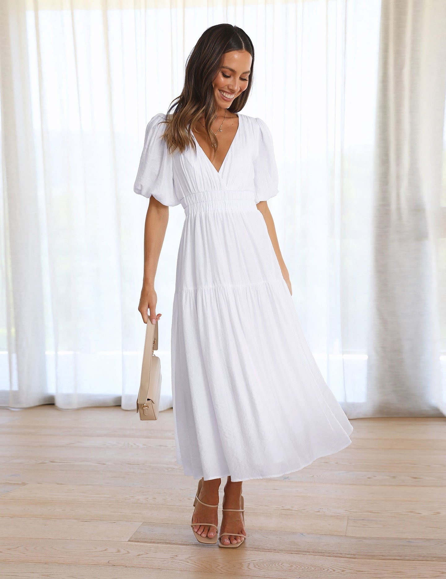 Genevra Saintbourne | Black V-Neck Puff Sleeve Midi Dress with Smocked Waist