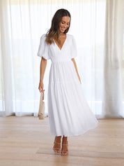 Genevra Saintbourne | Black V-Neck Puff Sleeve Midi Dress with Smocked Waist