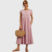 Théodeline Whitmore | Navy Blue Cap Sleeve Midi Dress with Pockets