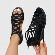 Henriette Beausoleil | Rhinestone Gladiator Wedge Sandals in Beige