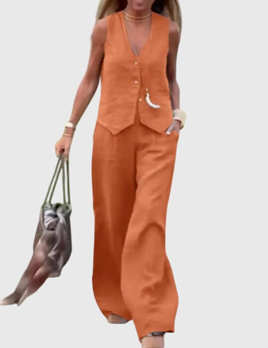 Céline Beauvernet | Khaki Linen-Look Wide-Leg Two-Piece Vest Set