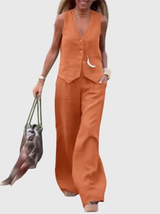 Céline Beauvernet | Khaki Linen-Look Wide-Leg Two-Piece Vest Set