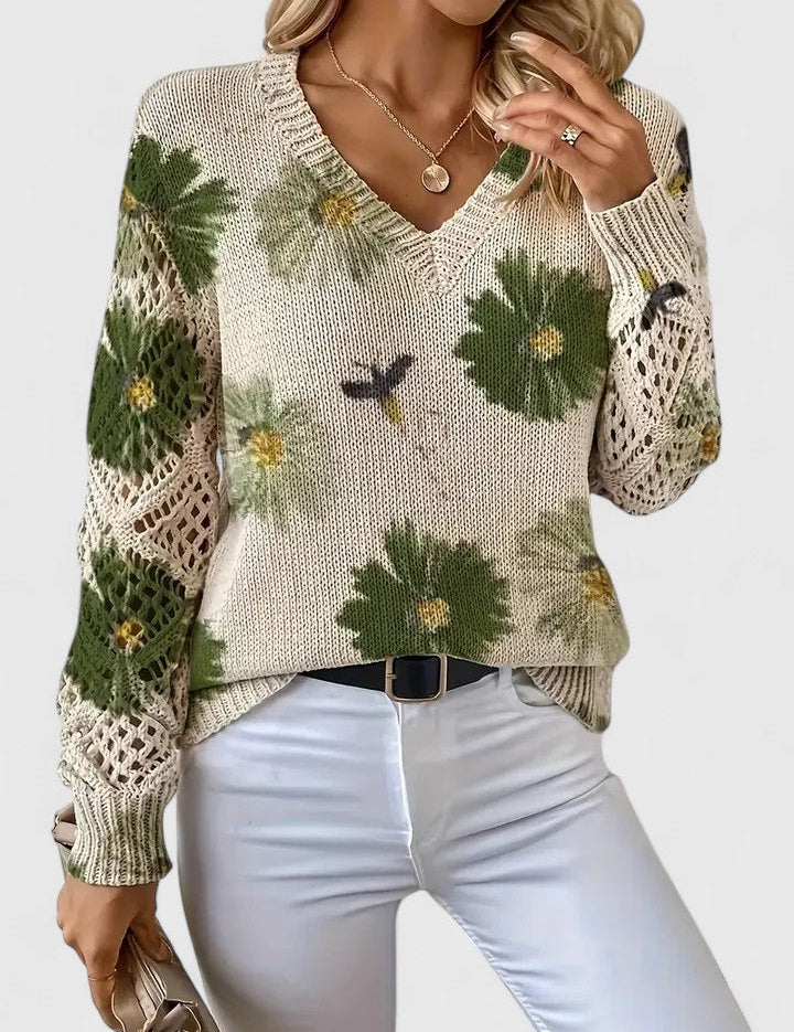 Rosalinde Fonteclair | Floral Knit V-Neck Sweater with Lace Sleeves