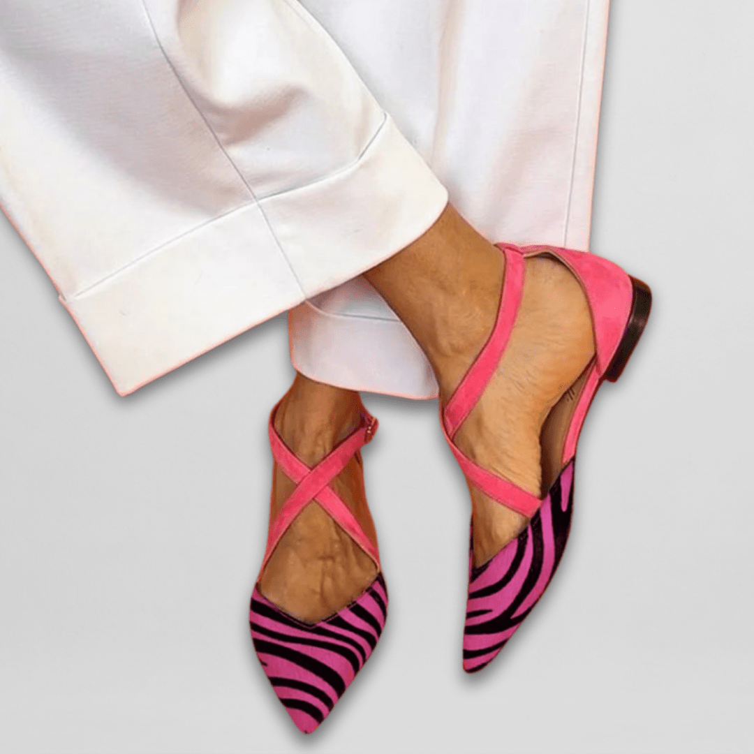Severine Kingswell | Zebra Print Crisscross Strap Ballet Flats