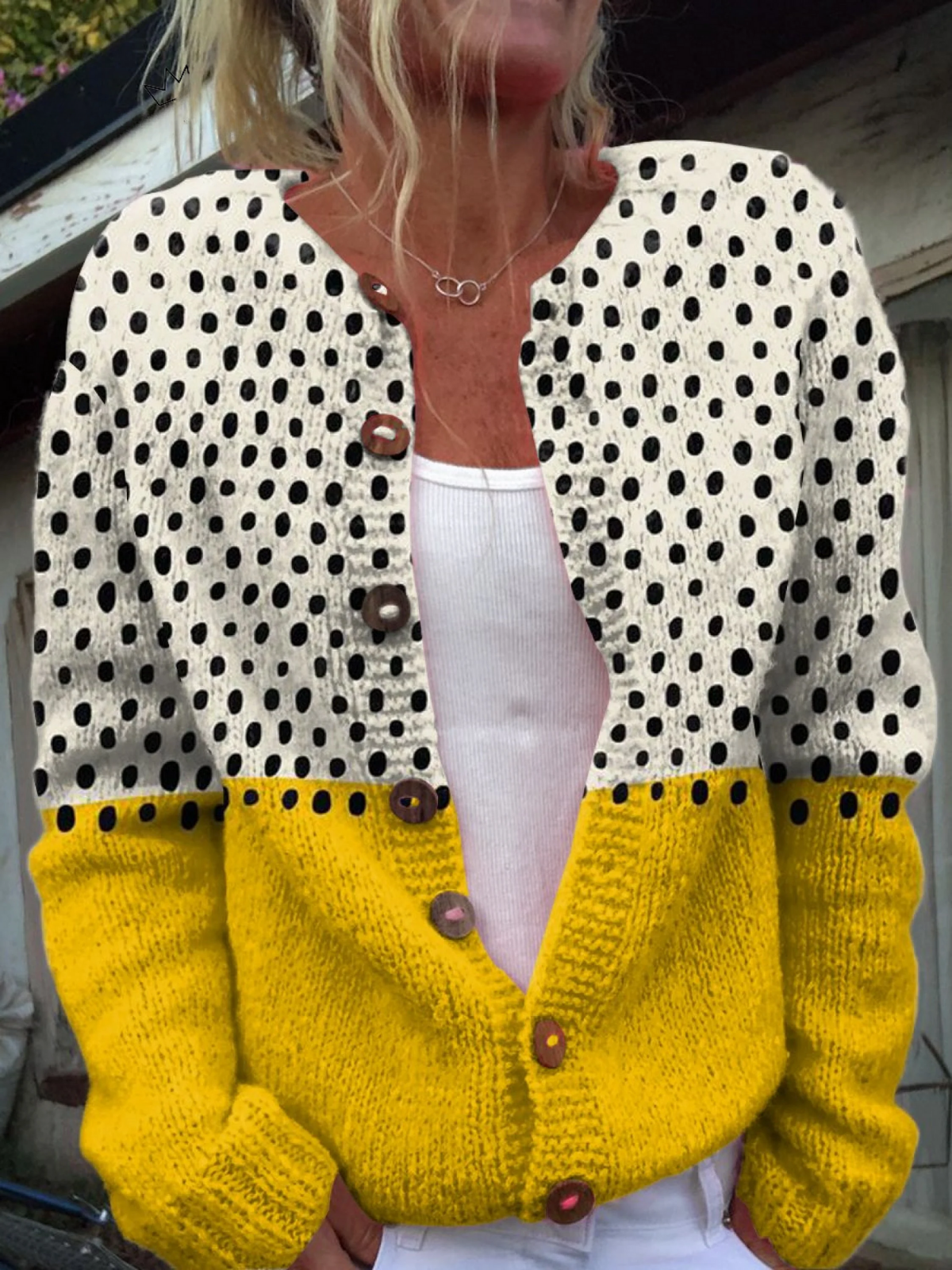 Féloise Cartwright | Polka Dot Colour Block Knit Cardigan in Yellow