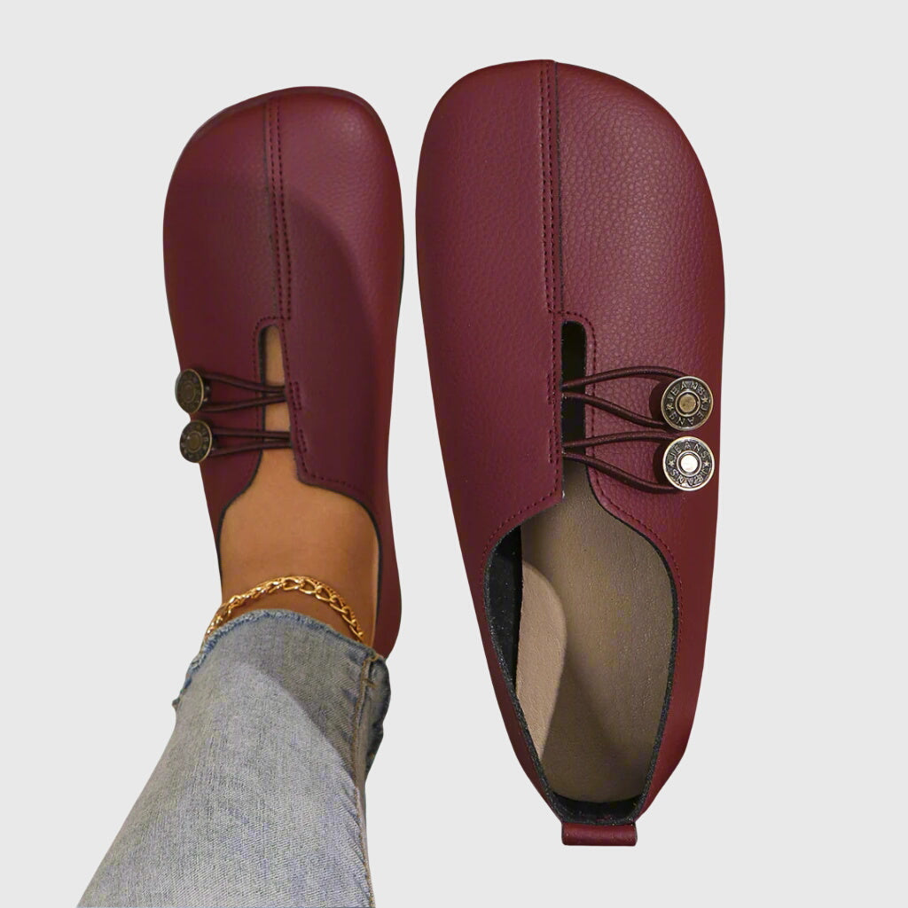 Eleonora Ravensfield | Vintage Brown Suede Slip-On Flats with Button Detail