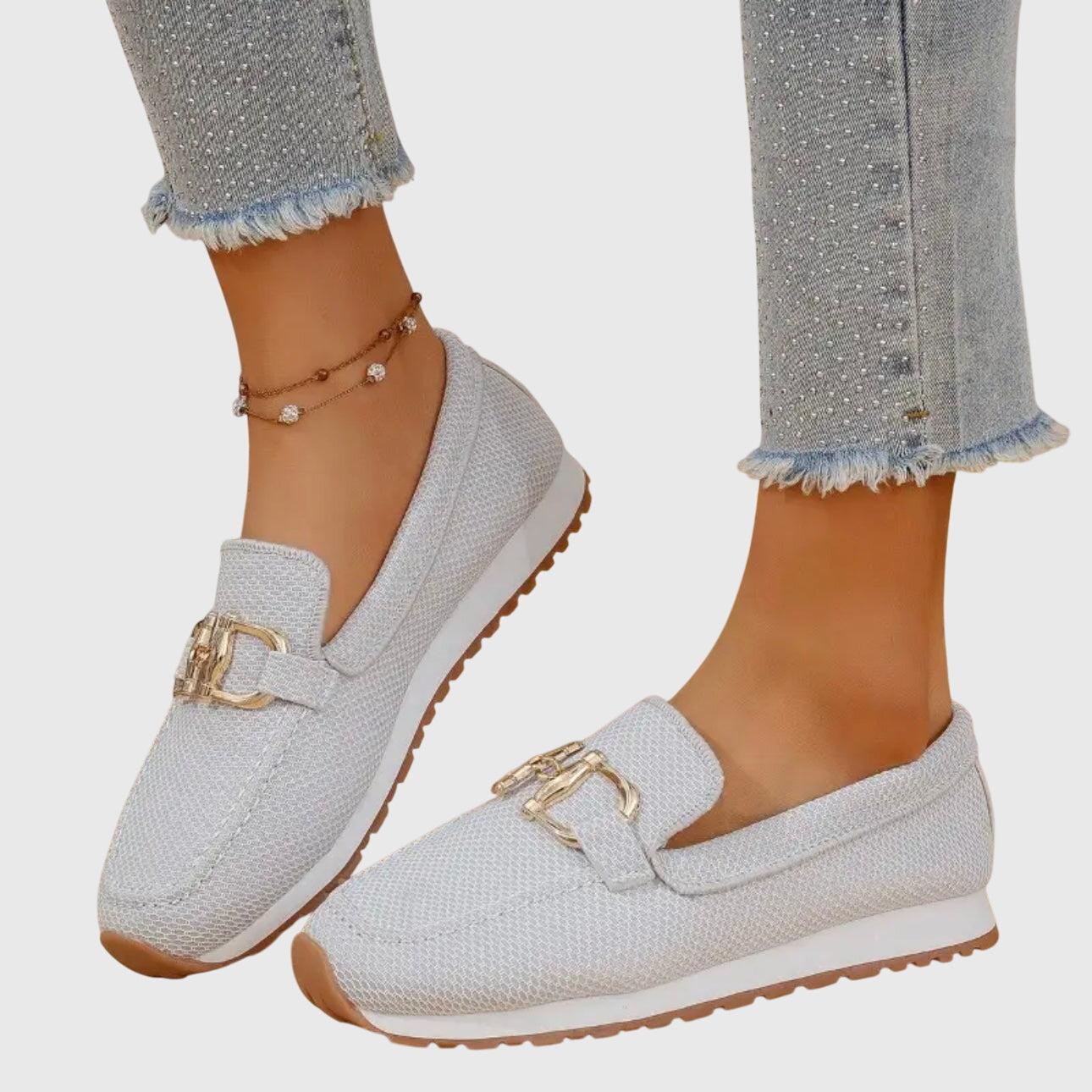 Clarinda Whitmore | Beige Mesh Slip-On Loafer Sneaker with Gold Horsebit