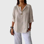 Solange Winterbourne | Linen V-Neck Blouse with Single-Button Closure