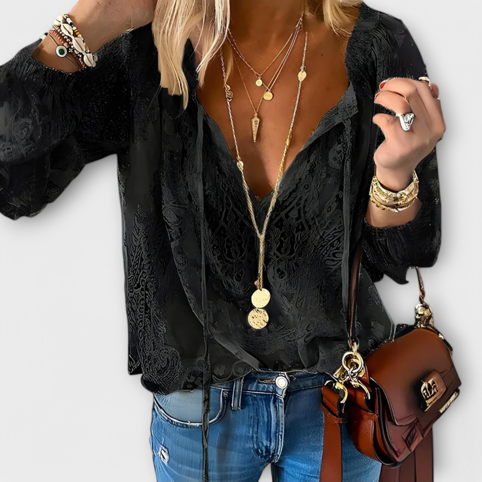 Celestine Fairgrove | White Lace V-Neck Blouse with Flared Sleeves