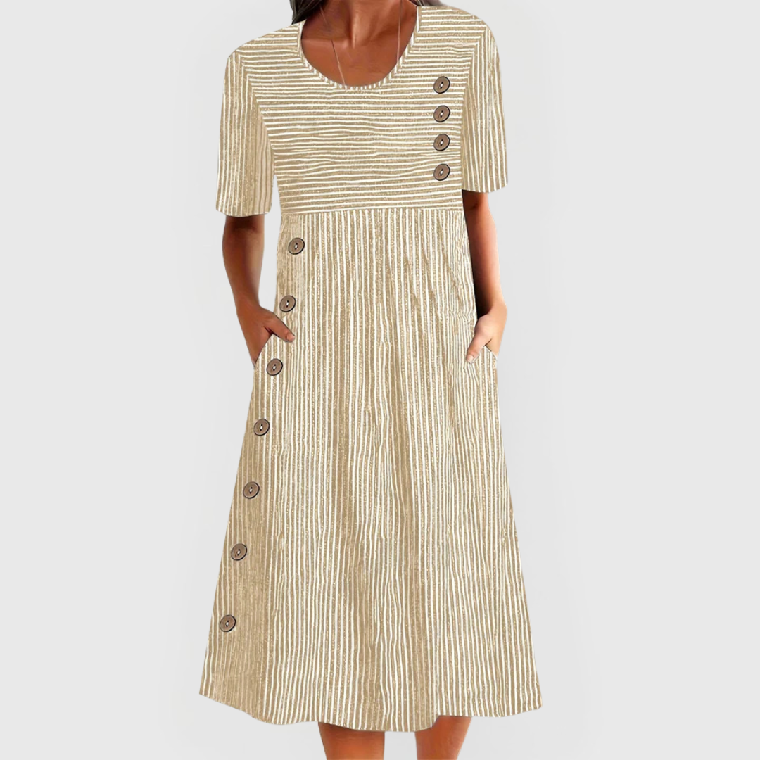 Genevieve Hartwell | Blue Striped Midi Dress with Button Detail