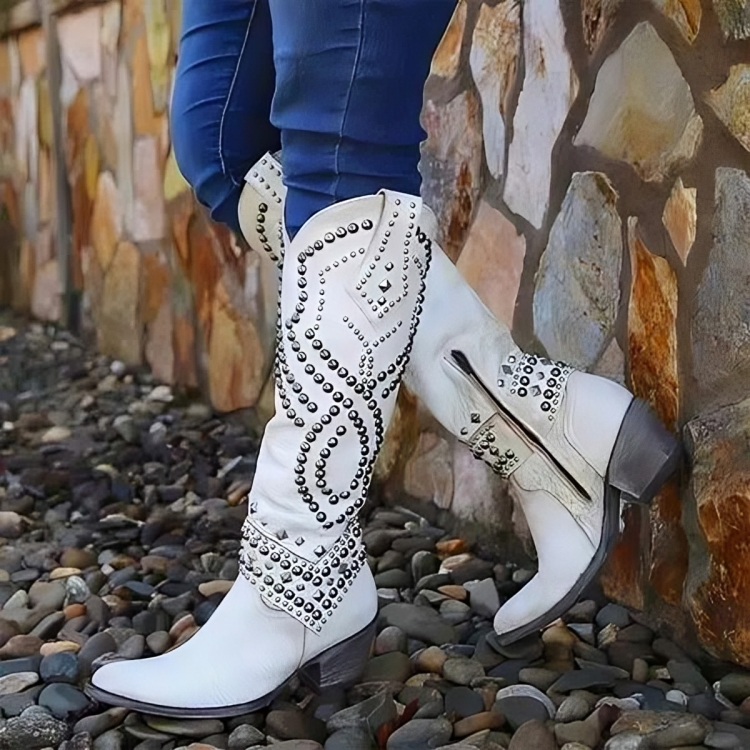 Valentina Crestbourne | Purple Studded Knee-High Western Boots