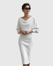 Vivienne Solvaine | Navy Blue Cowl Neck Batwing Midi Knit Dress