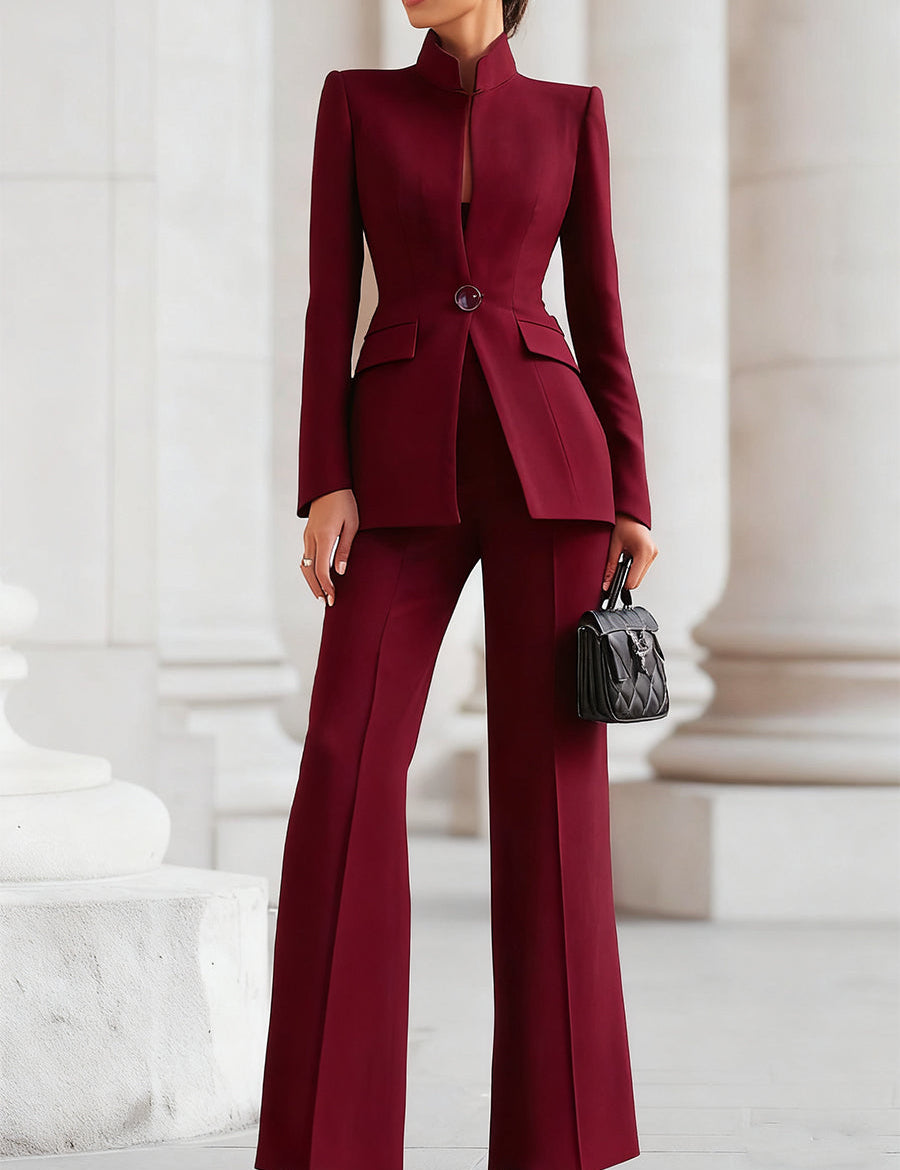 Celestine Vauvray | Navy Blue Stand Collar Blazer & Wide Leg Pants Two-Piece Set