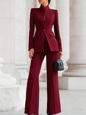 Celestine Vauvray | Navy Blue Stand Collar Blazer & Wide Leg Pants Two-Piece Set