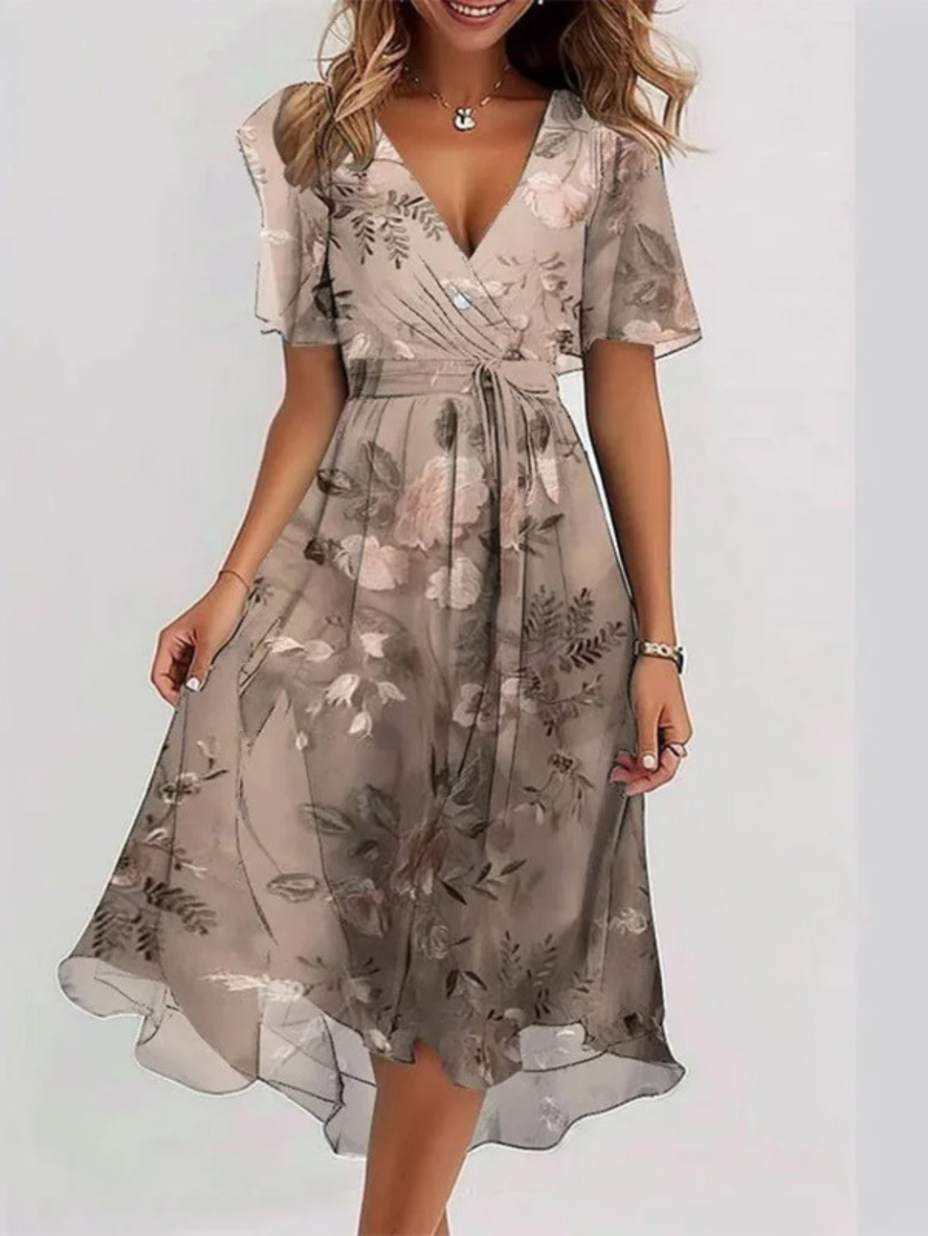 Estelle Ravenclair | Floral Chiffon Midi Wrap Dress with Flutter Sleeves