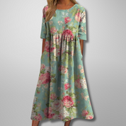 Aurelie Vosclaire | Blue Floral Midi Dress with 3/4 Sleeves