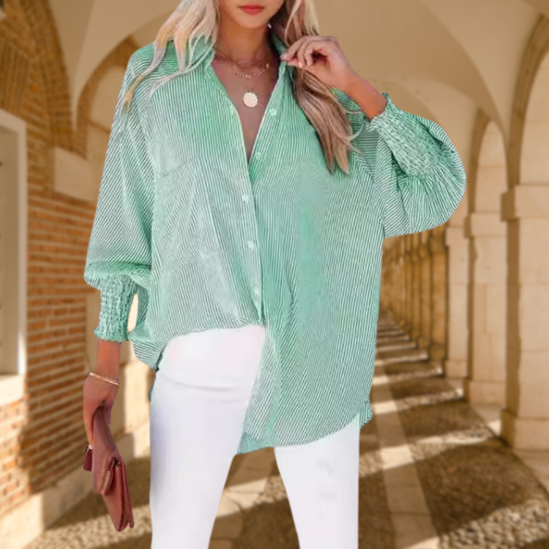 Claudia Fairmont | Oversized Blue Striped Button-Down Shirt with Smocked Cuffs