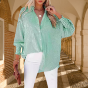 Claudia Fairmont | Oversized Blue Striped Button-Down Shirt with Smocked Cuffs